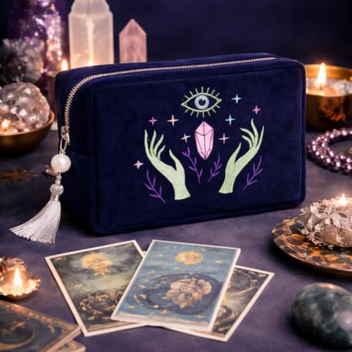 Velvet Zipper Pouch for Tarot Decks Crystals and Makeup - Mystical Organizer with Embroidery