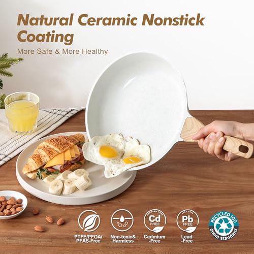 SENSARTE Ceramic Nonstick Frying Pan Set White 8 & 11 Inch with Lid