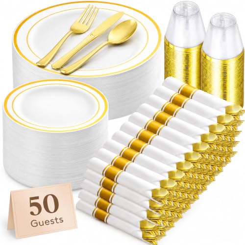 Lifewit Gold Disposable Dinnerware Set for 50 Guests - Plastic Plates & Cutlery