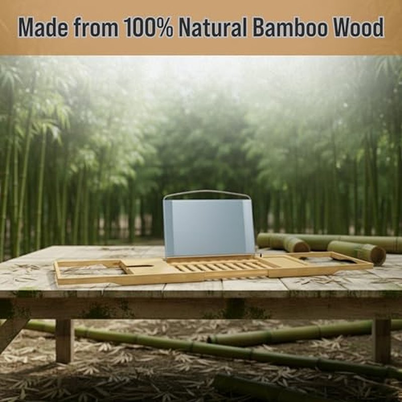 Bamboo Bathtub Tray - Wood Bath Caddy with Book, Phone, or Tablet Rest, Cup Holder, and Extended Sides for Bath Accessories by Home-Complete (Natural)