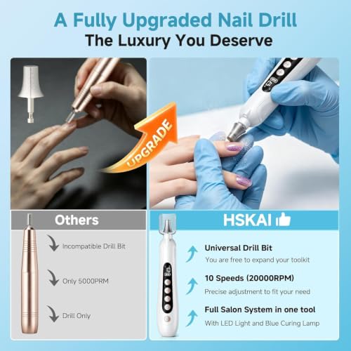 HSKAI Duty White Cordless Electric Nail File for Manicure & Pedicure with LCD & Lamp