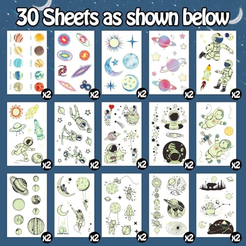 Partywind 225 Styles (30 Sheets) Luminous Space Kids Temporary Tattoos for Party Supplies, Outer Space Party Favors with Astronaut/Planet/Star/Moon, Games for Boys Children