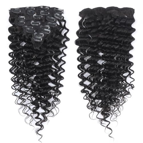 Clip-In Hair Extensions 16 Inch Remy Human Hair Deep Wave Curly Black 8Pcs 100g Variation of THIS listing