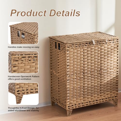 Laundry Hamper with Lid 190L Large 3-Section Rattan Laundry Basket - Natural