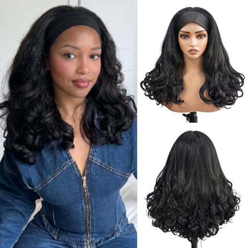 Curly Headband Wig for Black Women 20 Inch Kinky Straight Afro Style with Attached Headbands - #1B Black