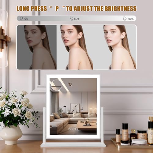 Vanity Mirror with Lights 14.5"x16.5", LED Makeup Mirror, 3 Color Lighting Modes, 10X Magnification, Smart Touch Control, Dimmable, Aluminum Metal Frame, Lighted Up for Vanity Desk (White)