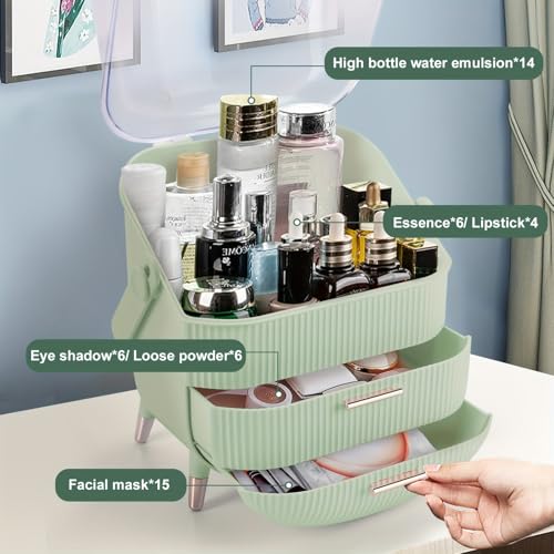 Cosmetic Display Cases with Transparent Cover - Skincare & Lipstick Organizer for Bathroom Countertop, Bedroom Vanity Desk (Green)