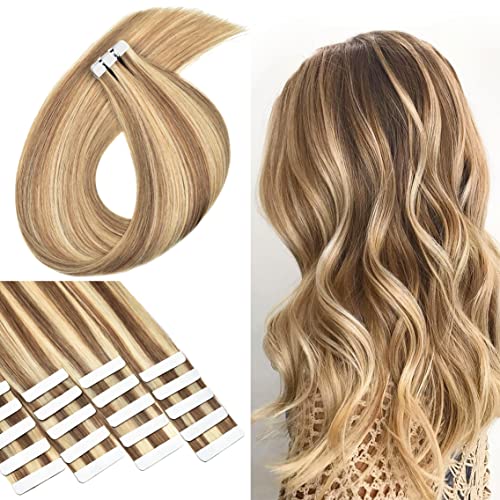 Tape In Hair Extensions Straight Skin Weft 14 Inch - Camel Brown Mix with Blonde - 20 Pieces