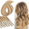 Tape In Hair Extensions Straight Skin Weft 14 Inch - Camel Brown Mix with Blonde - 20 Pieces