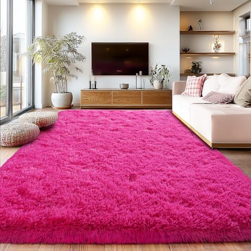 8x10 Hot Pink Area Rug for Girls Bedroom - Plush High Pile Fuzzy Carpet