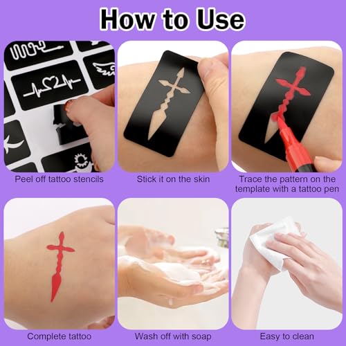 Ponhey Temporary Tattoo Markers for Skin, 12 Body Markers+67 Large Tattoo Stencils,Dual-End Tattoo Pens,Fine Lines with Cosmetic-Grade,Flexible, Skin-Safe Face Paint Kit for Teenage Adults
