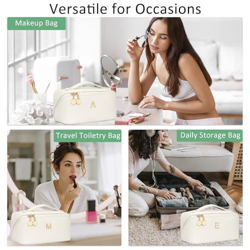 Gifts for Women Bridesmaid Gifts Personalized Initial Makeup Bag PU Leather Cosmetic Waterproof Travel Toiletry Bag (Medium)