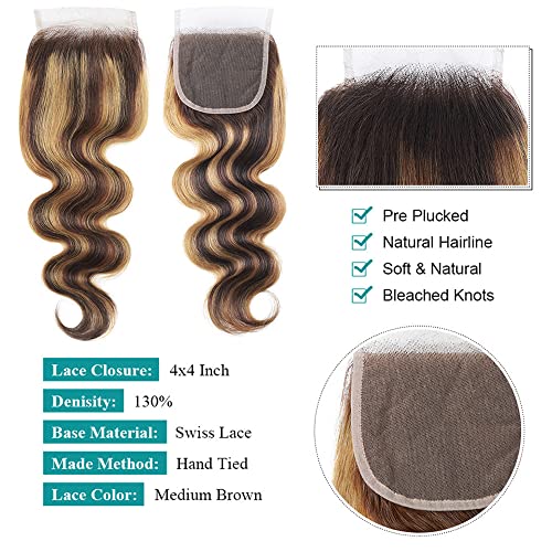 Pre Plucked Lace Closure 18 Inch Brazilian Virgin Human Hair with Baby Hair - Ombre 4/27 Swiss Lace Grade 9A