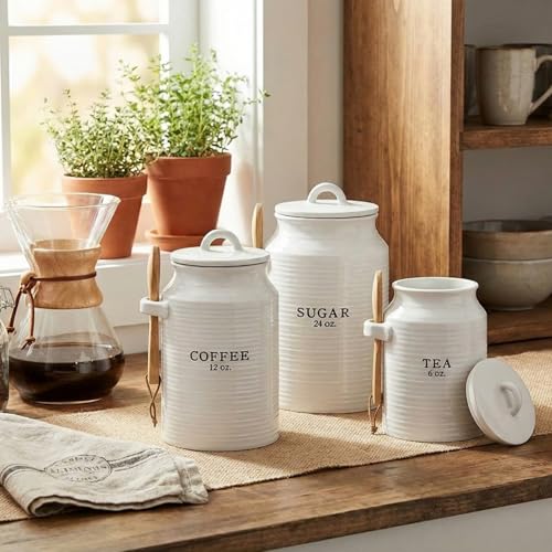 Barnyard Designs White Ceramic Kitchen Canister Set with 3 Lids - Tea, Coffee, Sugar, Set of 3