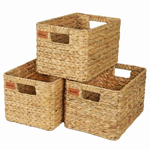 Large Wicker Storage Baskets Set of 3 - Water Hyacinth Organizer with Handles, Traditional Pattern