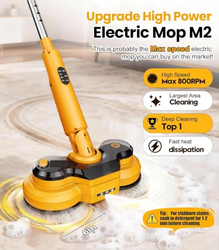 Electric Spin Mop M2 - 5000mAh Battery, 110-Minute Runtime, 800RPM Cordless Floor Cleaner - Yellow, 44.09-Inch Handle