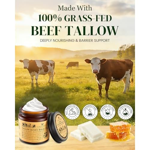Beef Tallow for Skin: Whipped Beef Tallow Cream for Face & Body, Natural Moisturizing Cream with Honey and Beeswax, Grass-Fed Beef Tallow &Honey Blend, Lightweight Hydration for Dry Skin, 4.2Oz