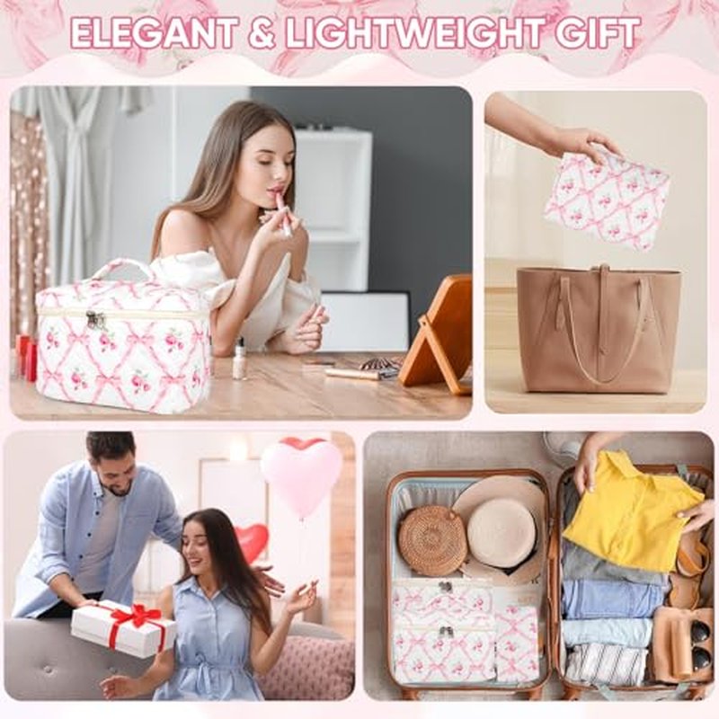 3Pcs Makeup Bag Set,Quilted makeup bag,Floral Cosmetic Bag for Women, Cute Cotton Cosmetic Bag, Wide-open Easy to Take, Flower Toiletry Organizer Bag