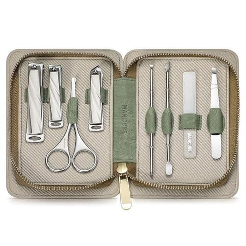 8-Piece Manicure Pedicure Set-Stainless Steel Nail Clippers Toenail Fingernail Cutters with Travel Case Complete Grooming Kit (Green)