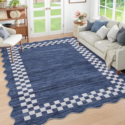 Blue Scalloped Area Rug 6x9 Large Non-Slip Washable Living Room Carpet