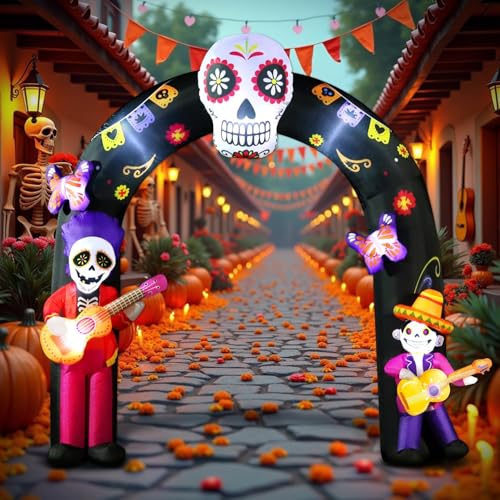 Large Halloween Inflatable Archway with LED Lights - Day of the Dead Sugar Skull & Skeleton Decor