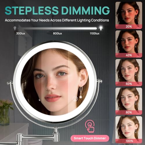 Chrome Wall Mounted Lighted Makeup Mirror Double Sided 1X/30X Magnification