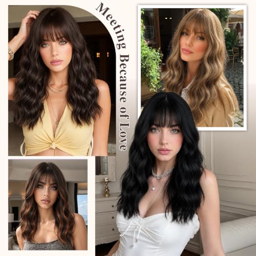 Brown Highlight Wavy Wig for Women 20 Inch Natural Curly Long Hair with Bangs - NOVFLKW