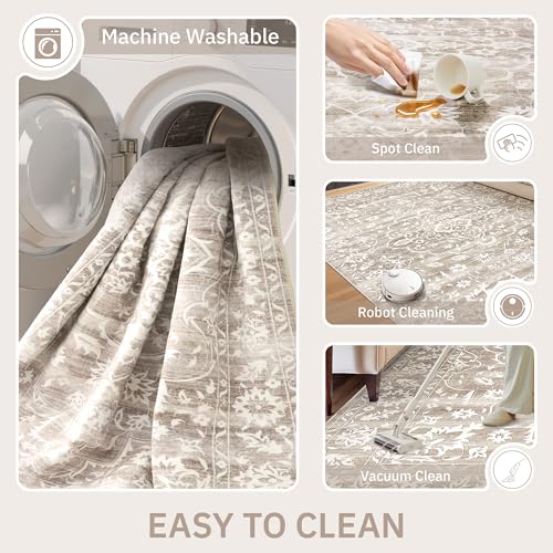 Soalmost 8x10 Light Brown Washable Area Rug for Living Room - Non-Slip, Soft, Pet-Friendly