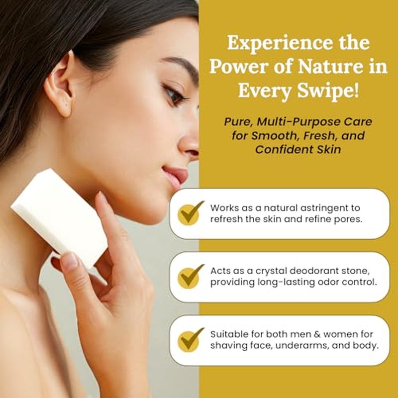 100% Pure Alum Block ? Potassium Alum Crystal Stone | Natural, Unscented Deodorant & Aftershave | Soothes Razor Burn, Stops Bleeding, Non-Staining, Alcohol-Free