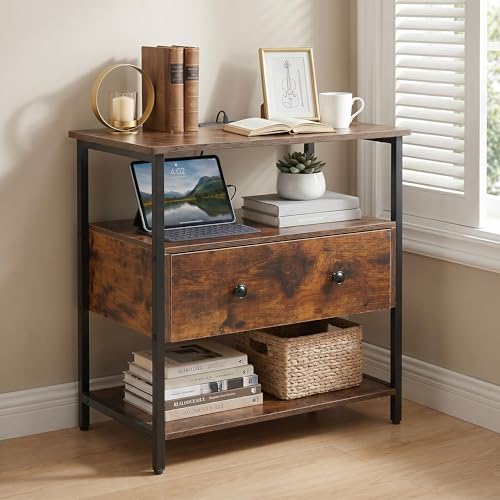 27-Inch Nightstand with Charging Station, Drawer & Open Shelves - Retro Brown - Variation of THIS listing