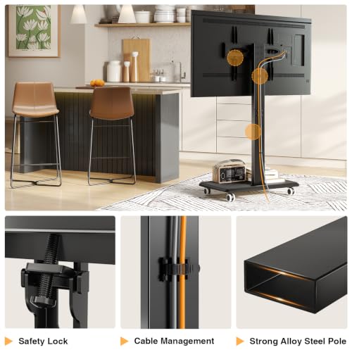 TVON Black Wooden Base Rolling TV Stand for 32-70 Inch TVs, Swivel & Height Adjustable