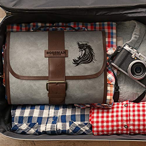 Bossman PU Leather Toiletry Bag for Men - Water Resistant Toiletry Kit Mens Hanging Travel Organizer - Hand Crafted Portable Traveling Accessories
