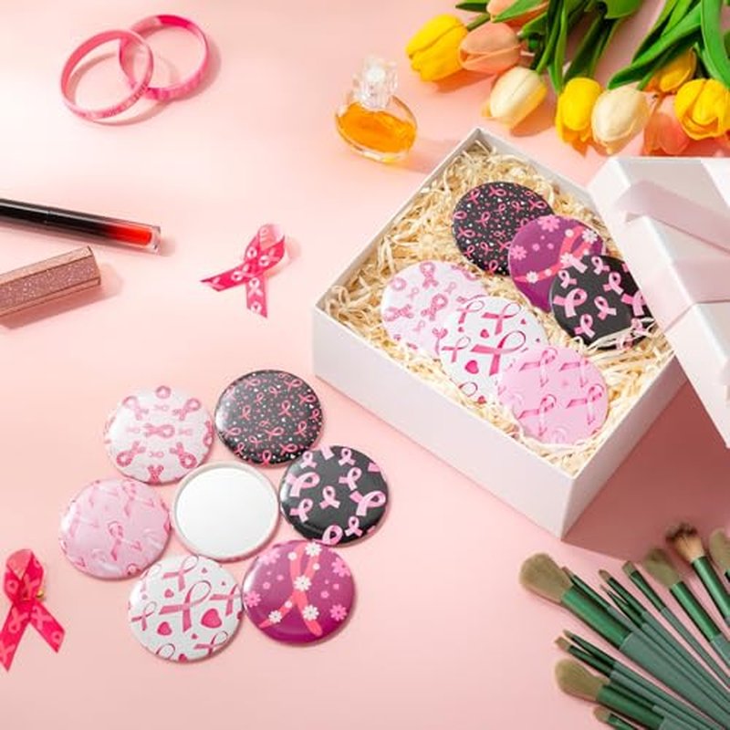 48 Pcs Breast Cancer Awareness Mini Mirrors Gifts Bulk Pink Ribbon Compact Folding Makeup Mirrors Breast Cancer Awareness Accessories Gift for Women Friends(Stylish Pattern)