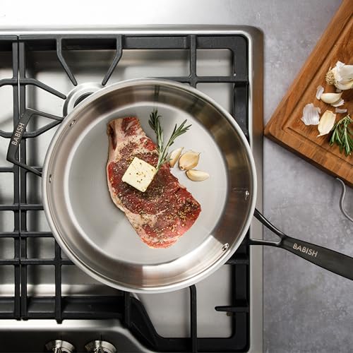 Babish 5-Qt Tri-Ply Stainless Steel Sauté Pan with Lid - Black PVD Handles, Oven & Induction Safe