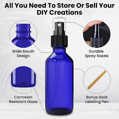 CULINAIRE 2oz Glass Spray Bottles for Essential Oils with Gold Pen Marker, Small Fine Mist Spray Bottle, Refillable, for Hair Spray, Essential Oils, Colognes, and Hand Sanitizers, Blue, Pack of 24