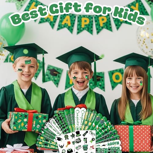 48 PCS 2025 Graduation 24PCS Temporary Tattoos Stickers 24PCS Slap Bracelets Wristbands Perfect for Themed Class Party Supplies Grad & So Proud of You High School College (Green)