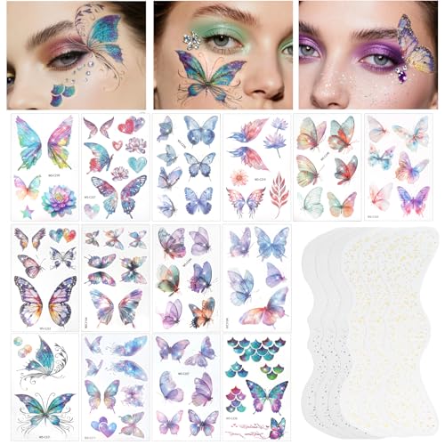 Yosca Butterflies Glitter Tattoos, 14Pcs Sparkle Butterfly Temporary Tattoos, 6Pcs Metallic Gold Silver Glitter Freckles for Eye Face Makeup Mermaid Butterfly Party Favors Butterflies DIV Accessories