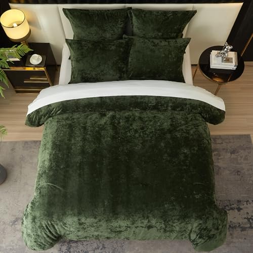 King Crushed Velvet Comforter Set - Luxurious Green Bedding 5 Pieces