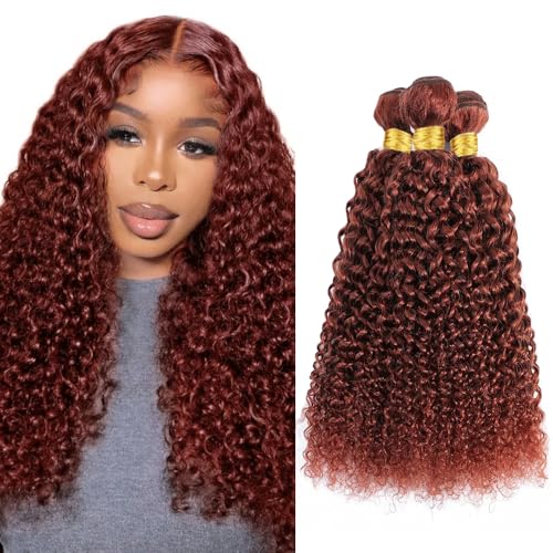 Copper Curly Wave Human Hair Bundles - Color 33, 24-28 Inch, 300g Set - Reddish Brown, Brazilian Virgin Remy