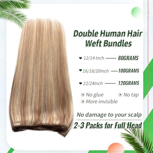 16 Inch Sew In Hair Extensions - Golden Brown & Blonde Highlights, Remy Human Hair Weft