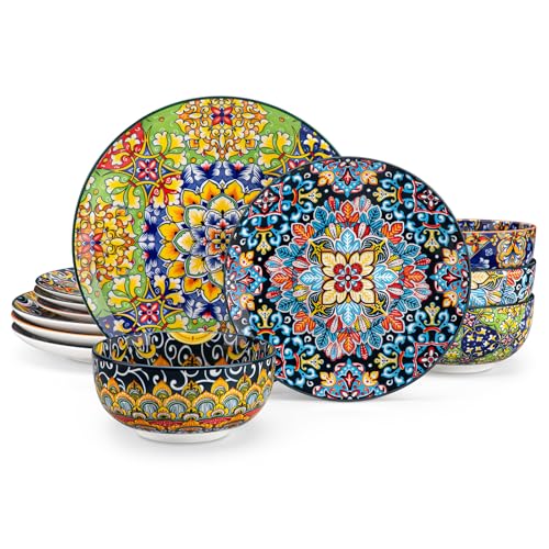 Vancasso Bohemian Style Dinnerware Set for 4 - 12 Pieces, Plates & Bowls, Microwave & Dishwasher Safe