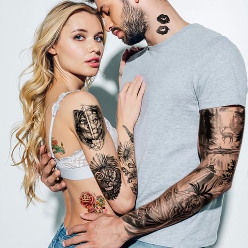 46 Sheets Full Arm Temporary Tattoos Waterproof For Men(L22.8¡°xW7¡±), Fake Tattoos for Women Lion Tiger Clock Flower Skeleton Animals Design, Hand Forearm Shoulder 3D Tattoos for Halloween