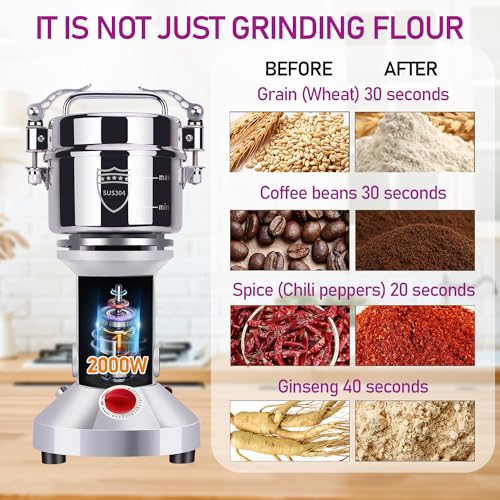550g Commercial Grain Mill - 304 Stainless Steel Spice & Flour Grinder, 2000W High-Speed Food Processor