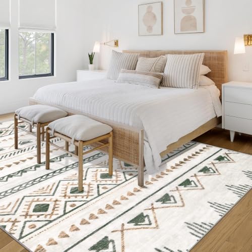 Large Washable 6x9 Boho Moroccan Area Rug with Geometric Pattern - Brown & Green, Non-Slip, Foldable for Living Room & Home
