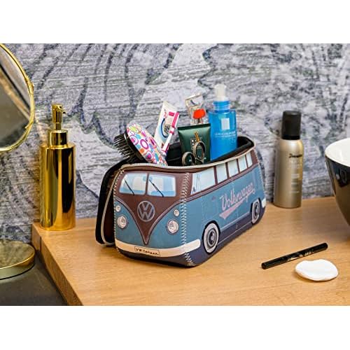 BRISA VW Collection - Volkswagen Neoprene Universal Makeup Cosmetics Toiletry Travel Pharmacy Bag in T1 Bus Design (Petrol/Brown) (Large (11.8 x 5.5 x 4.7 inches))
