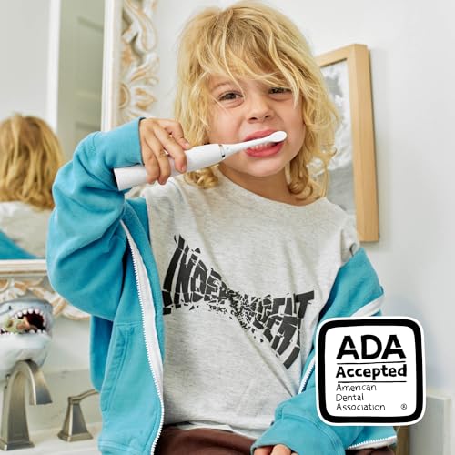 Kids Electric Toothbrush - Rechargeable Vibrating Shark Design with 6 Replacement Heads, Timer, Gently Cleans Teeth - Made by Dentists - Shark