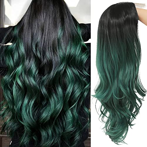 Green Curly Wigs for Women - Long Natural Wavy Ombre Synthetic Hair - Lace Front, Green-Lace Front