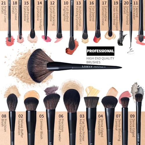 LORYP Black Makeup Brushes Set 21Pcs Powder Blush Foundation Concealer Highlighter Brush Vegan Pro Face and Eye Brush Kit