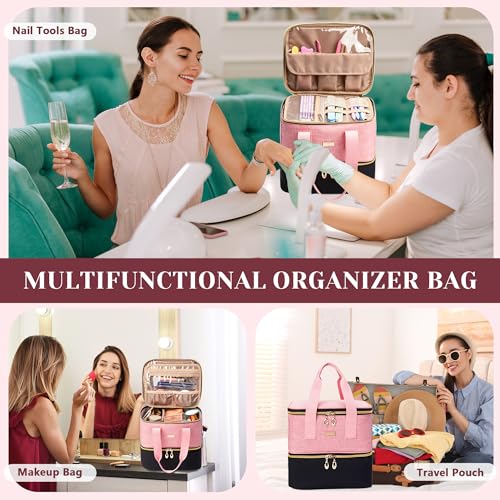 Nail Polish Organizer, Double Layer Nail Organizer and Storage Box Holds 42 Bottles & Nail Tech Kit Supplies, Large Capacity Nail Polish Organizer Case Carrying Bag