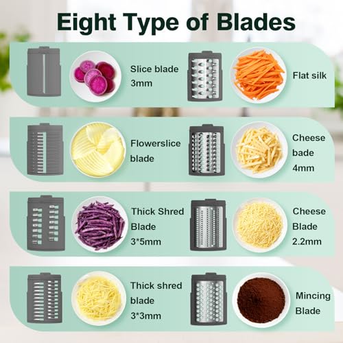 Upgraded 8-in-1 Electric Cheese Grater & Shredder - 8 Interchangeable Blades (2.2mm/4mm Cheese Blades) for Cheese, Vegetables, Fruits & Nuts